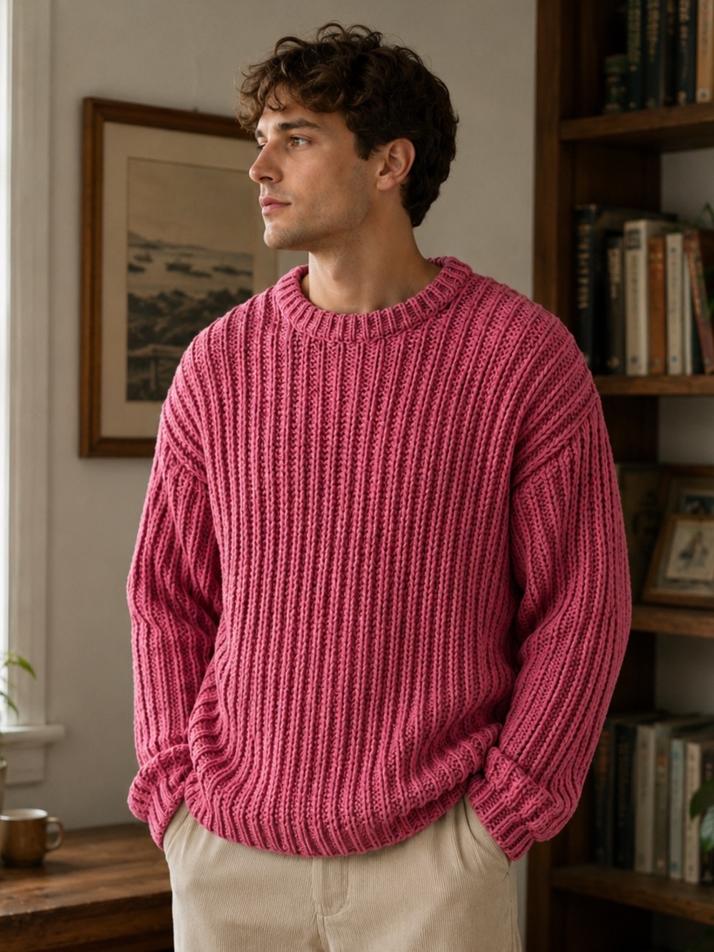 Zara Chunky Rib Knit Sweater Pink Heavy Men Large Ficherman Cozy Stretchy Cabine